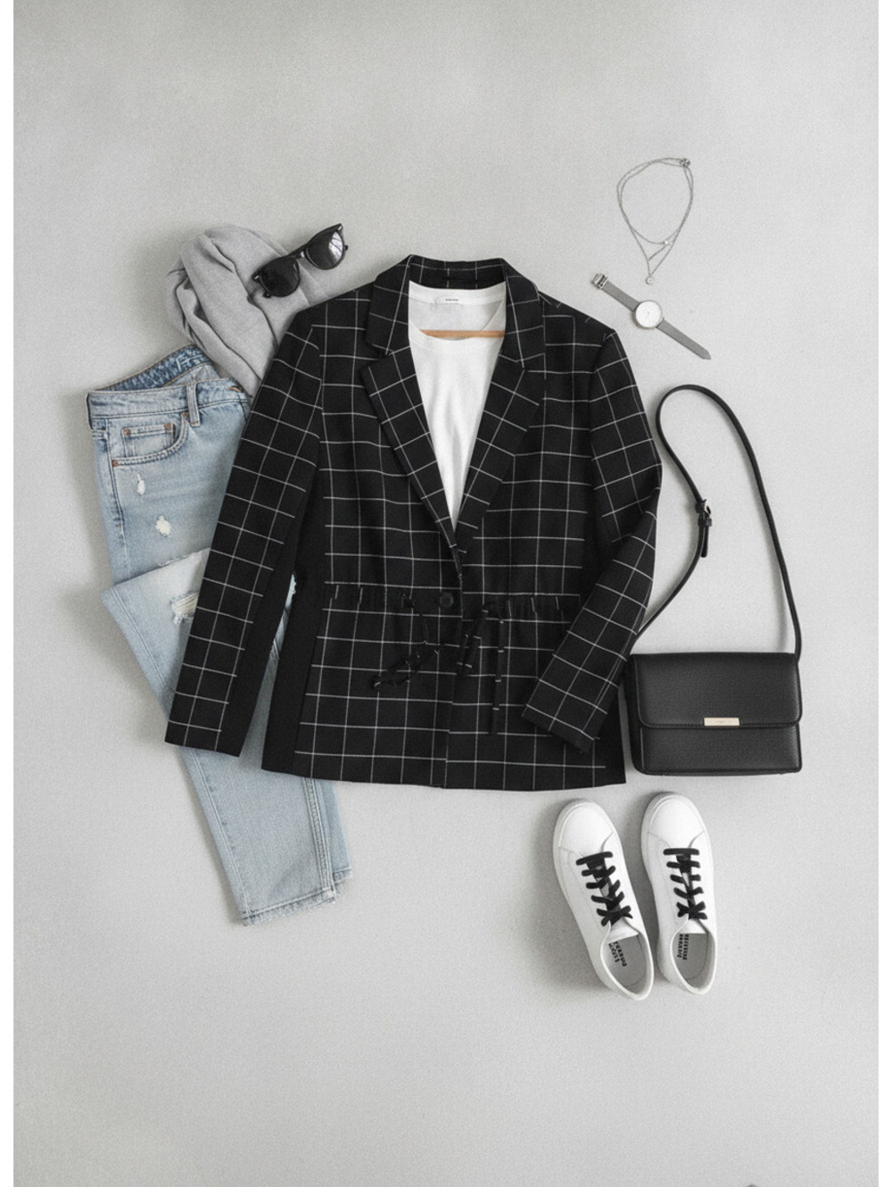 Rachel Roy Black Windowpane Blazer Jacket with Accent Waist. Size XL.